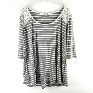 Mel & Mo Women's 3XL Gray And White Striped 3/4 Sleeve Top